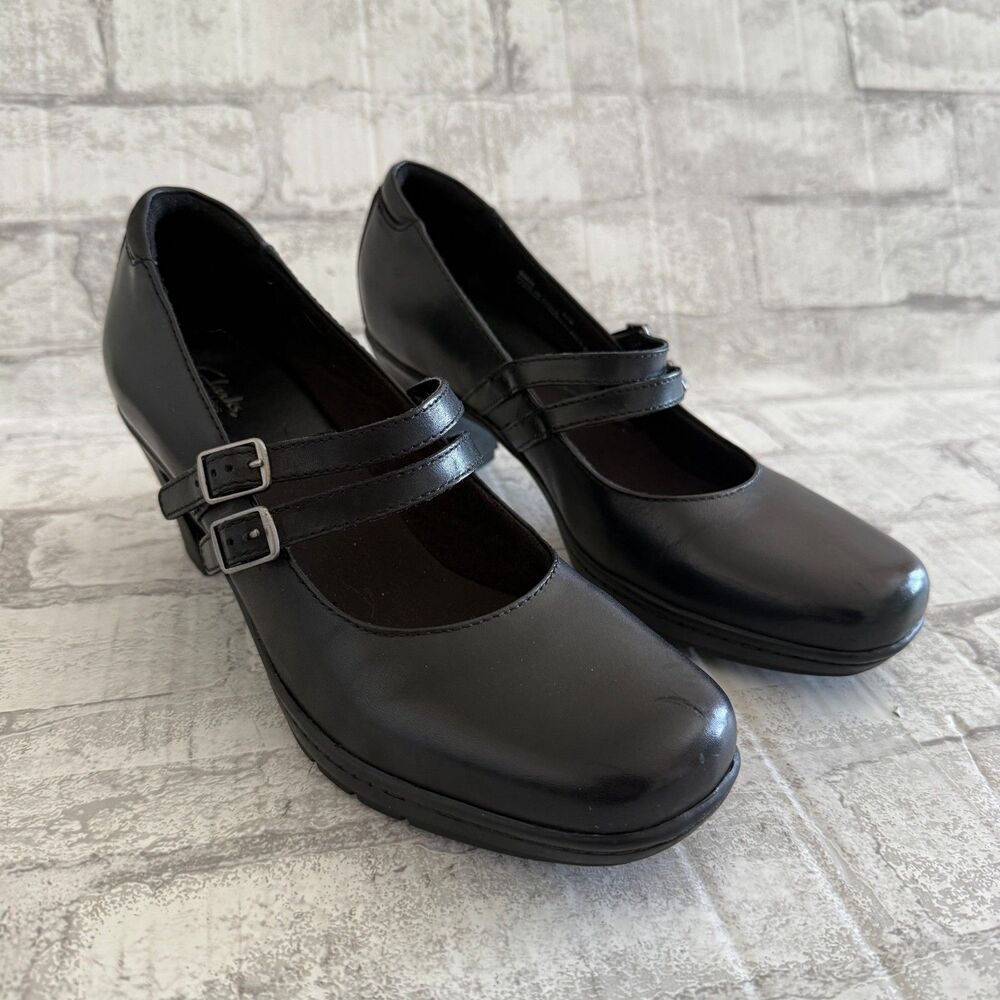 Clarks Bendables Black Leather Mary Jane Double Strap Chunky Heel Pump Sz 8.5